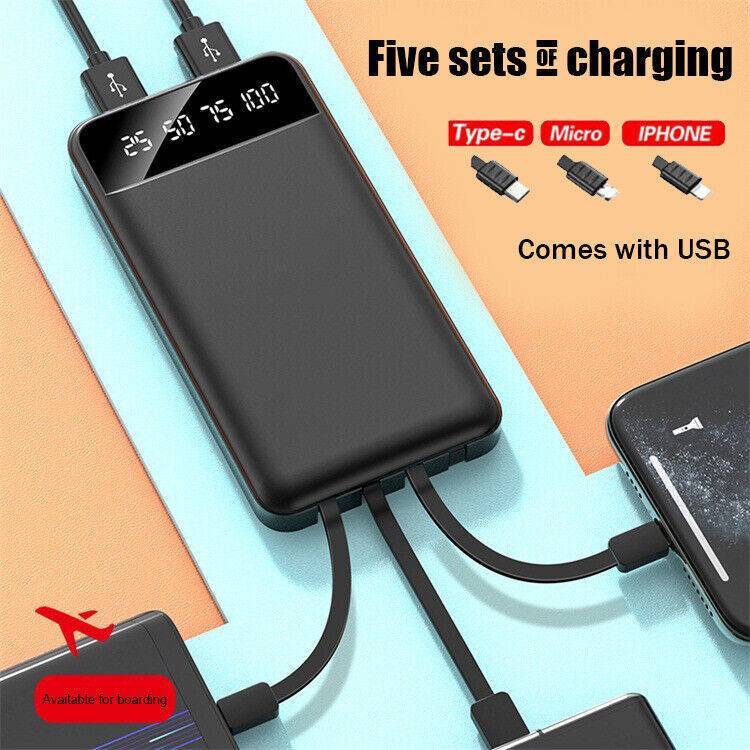 Portable 10000mAh Power Bank – Includes 4 Built-In Charging Cables